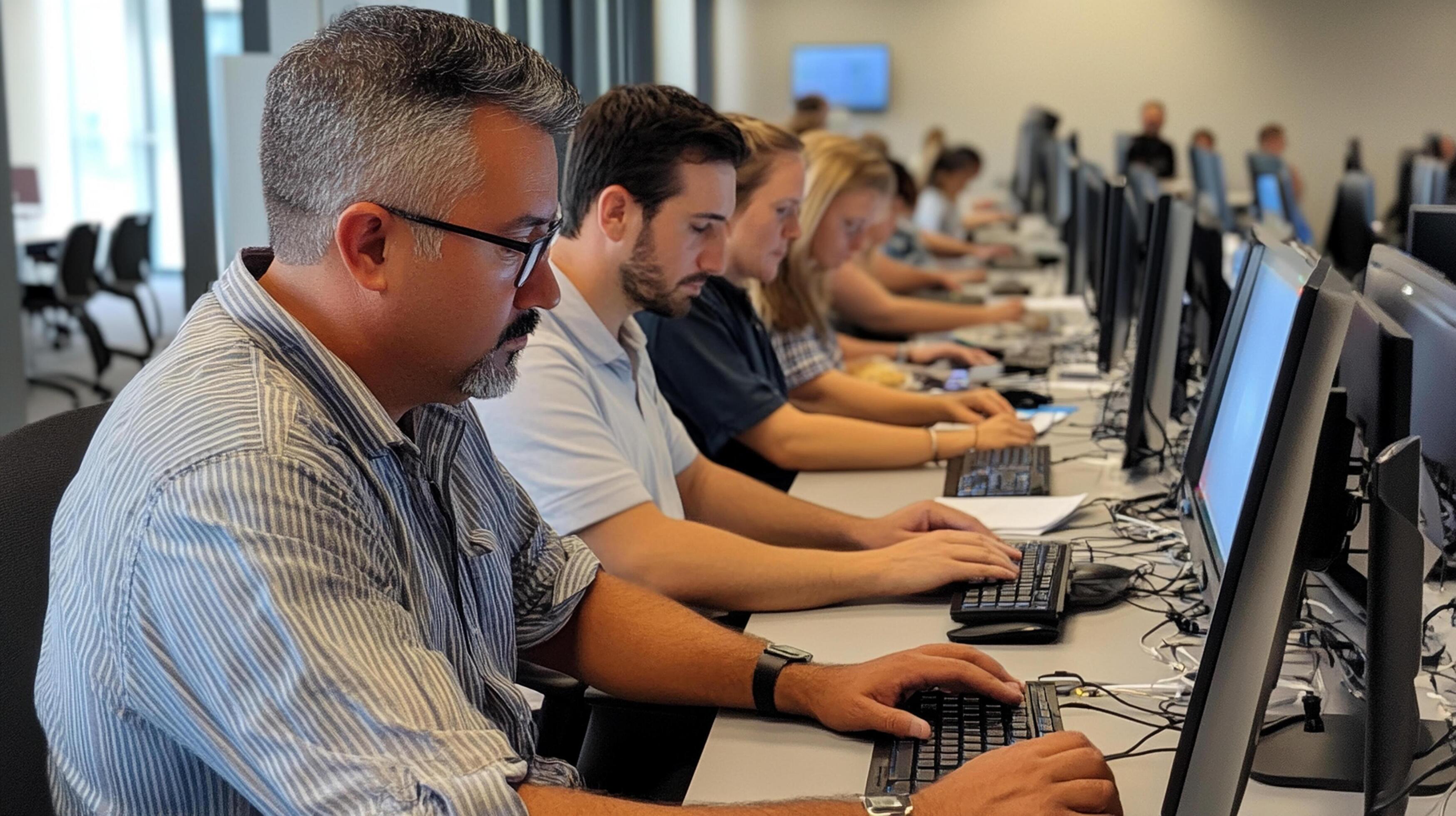 Employees in a hands-on computer training session