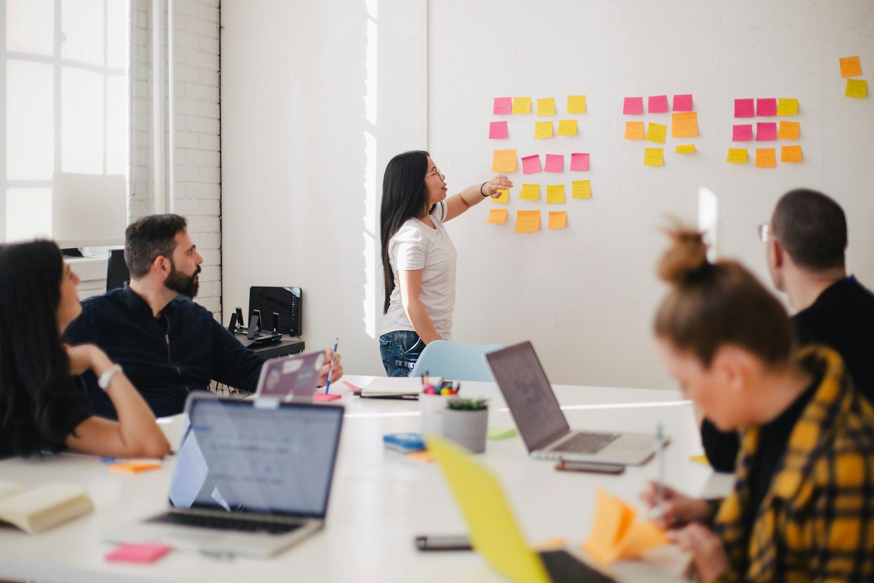 Team reviewing a structured work process in a professional office
